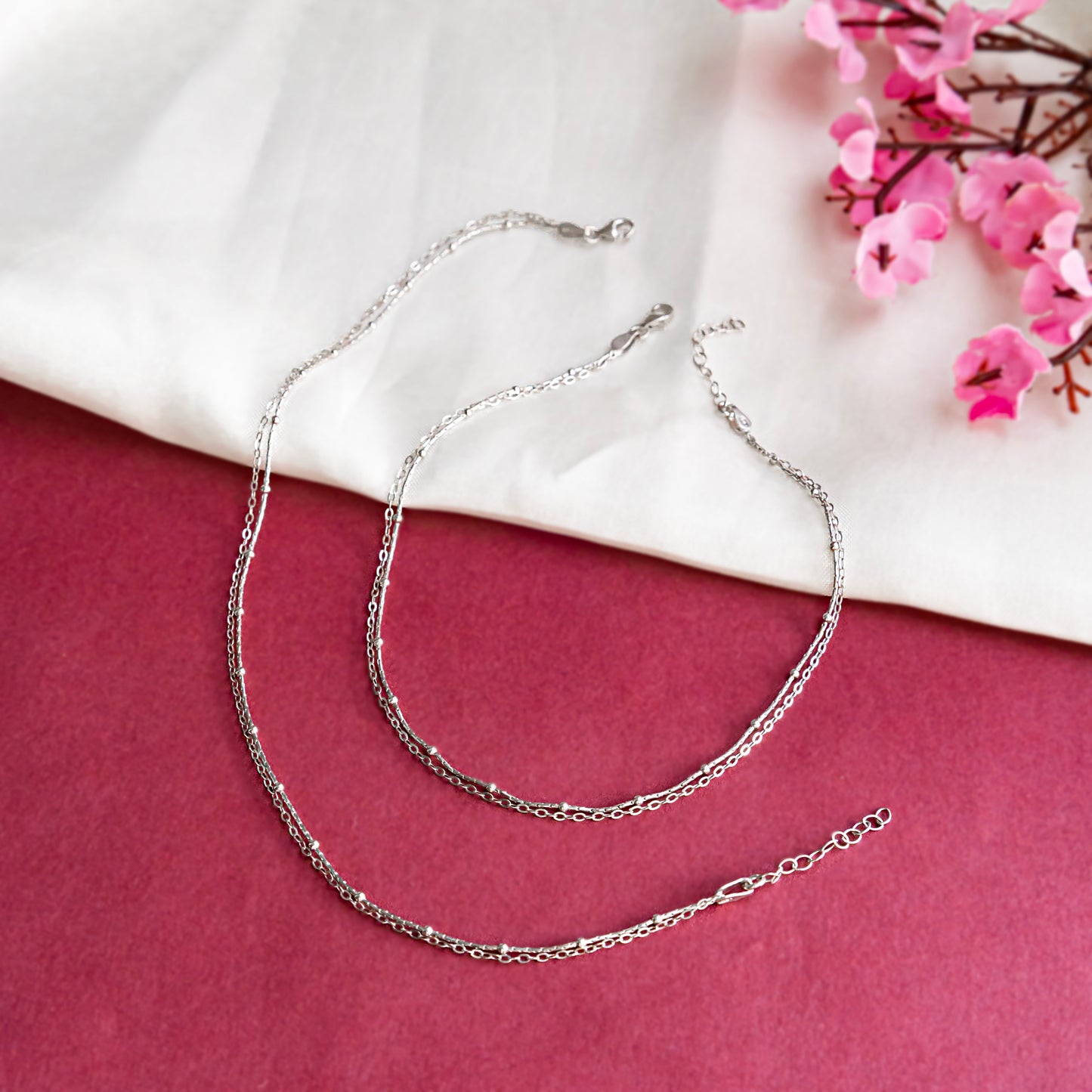 Double Layered Silver Beaded Anklet