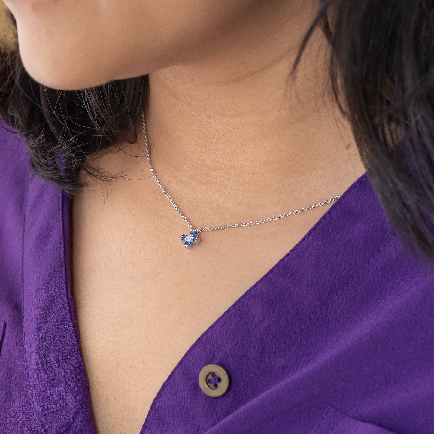 Silver Blue Floral Charm Jewelry Set