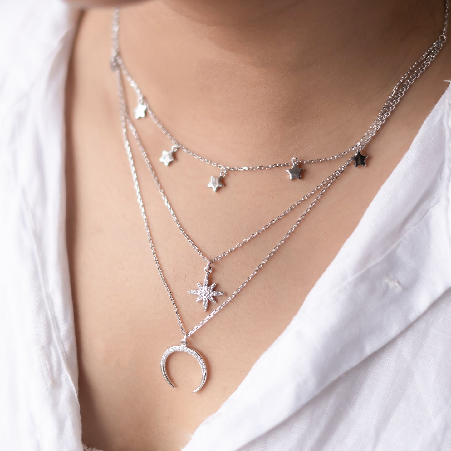 Silver Starry Moon Triple Layer Necklace