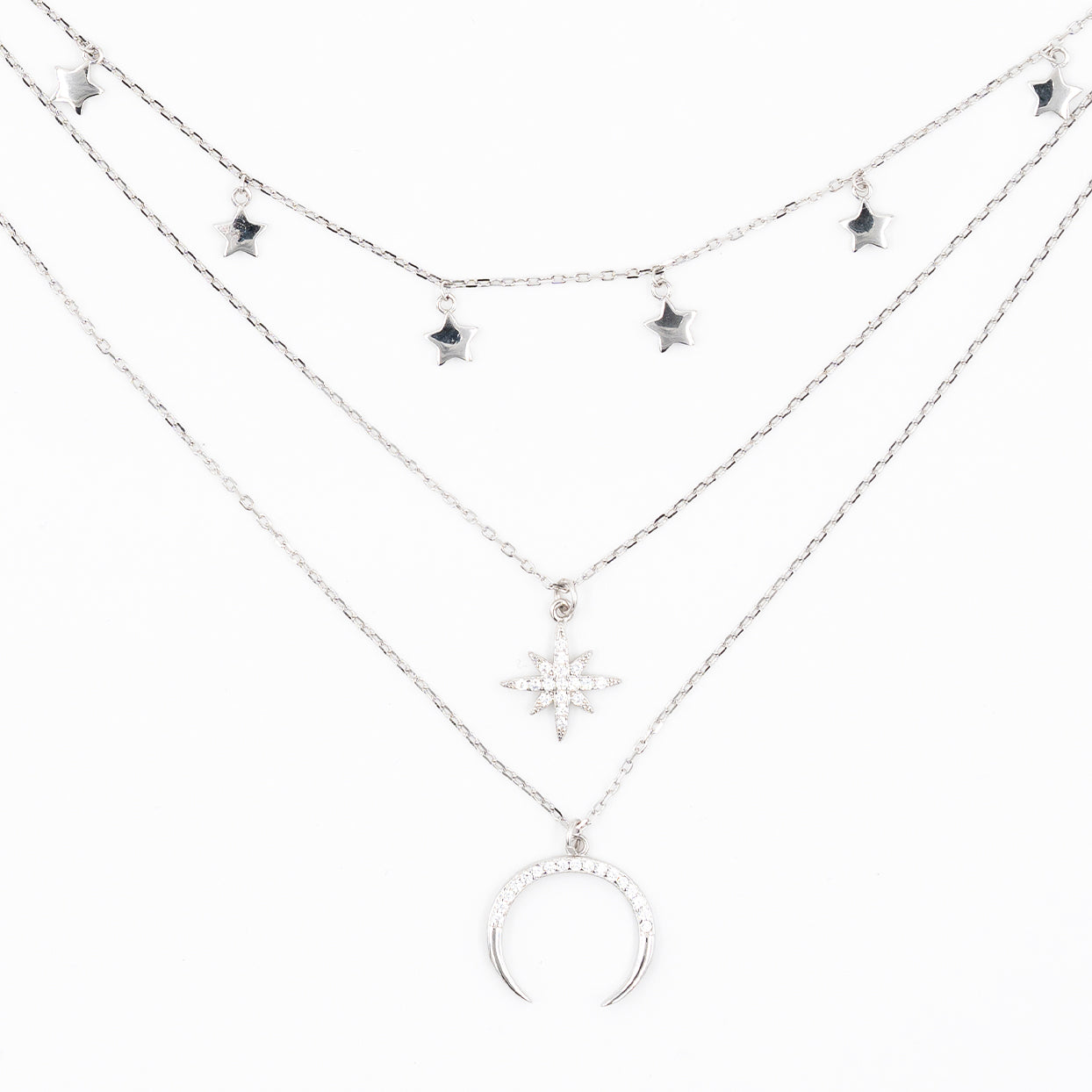Silver Starry Moon Triple Layer Necklace
