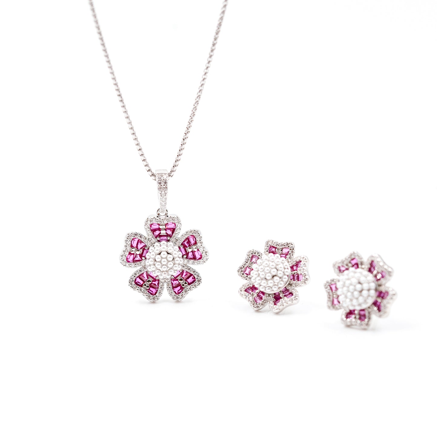 Silver Dark Pink Grand Floral Pearl Pendant Dark Jewelry Set