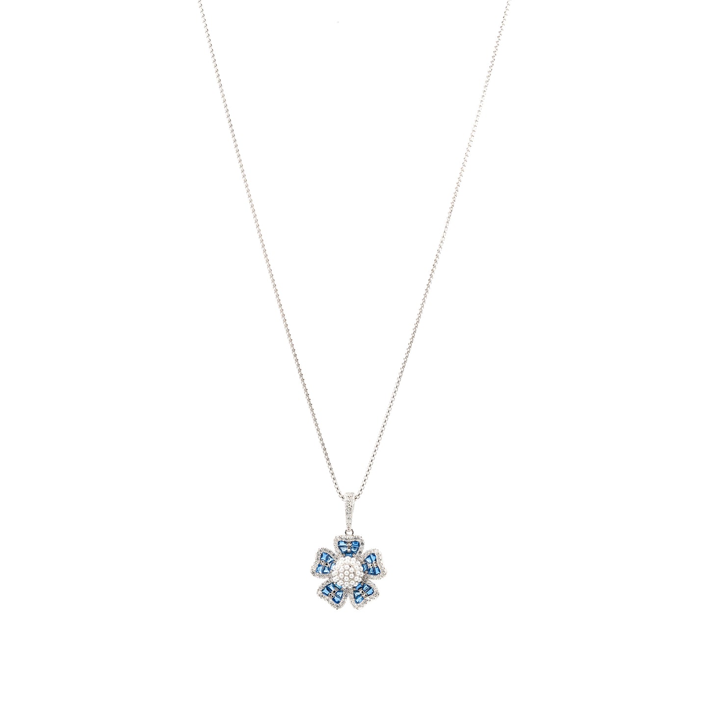 Silver Dark Blue Grand Floral Pearl Pendant Dark Jewelry Set