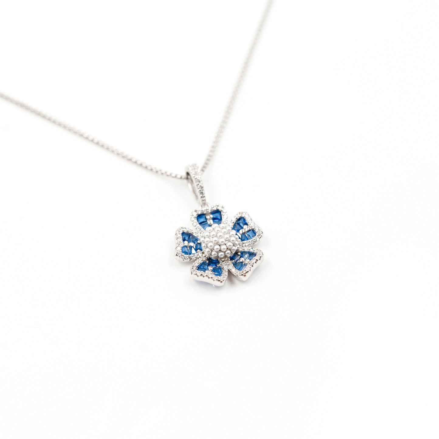 Silver Dark Blue Grand Floral Pearl Pendant Dark Jewelry Set
