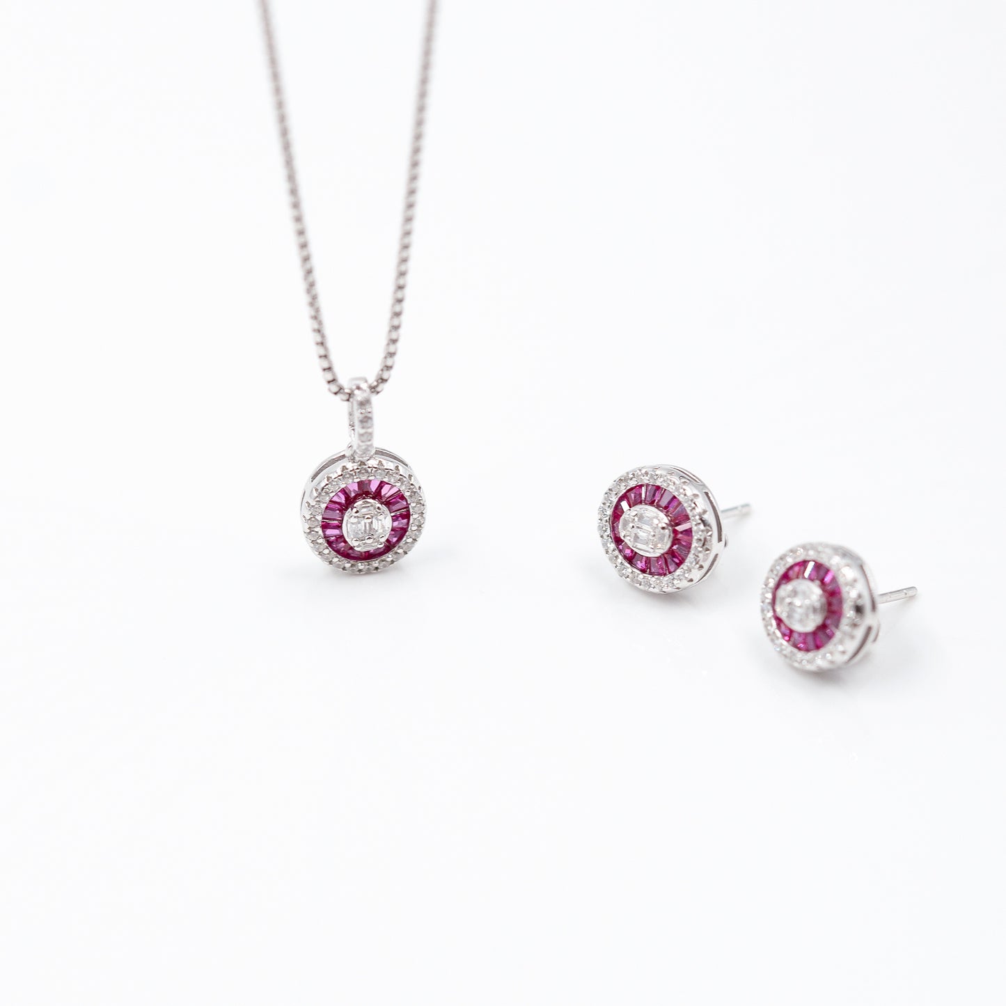Silver Dark Pink Vibrant Oval Drops Dark Jewelry Set