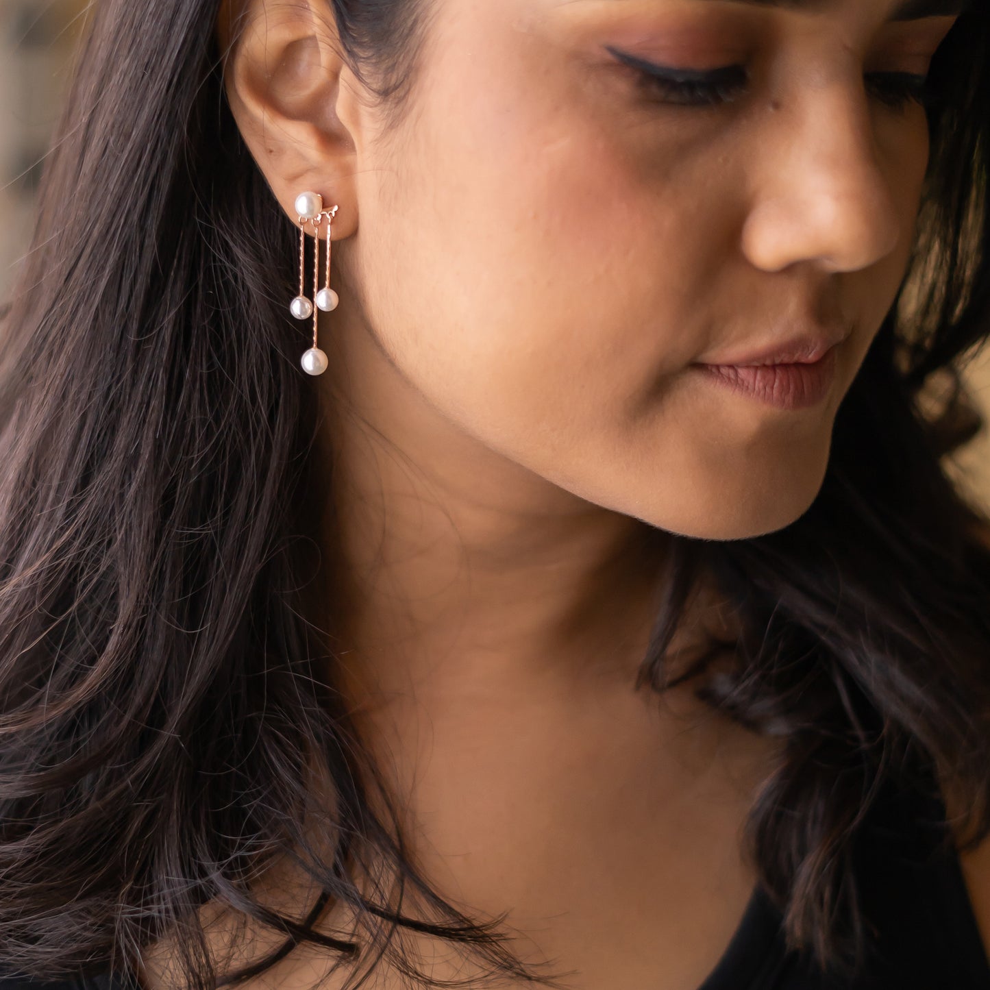 Rose Gold Detachable Pearl Dangler Earrings