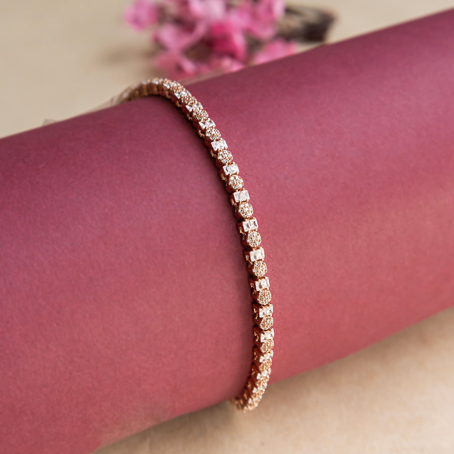Rosegold Diamond Round Rectangle Tennis Bracelet