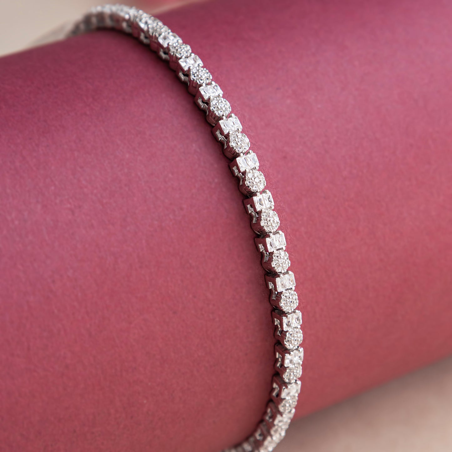 Silver Diamond Round Rectangle Tennis Bracelet
