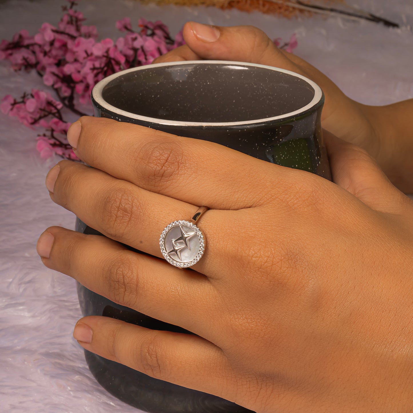 Double Starred Round Silver Adjustable Ring