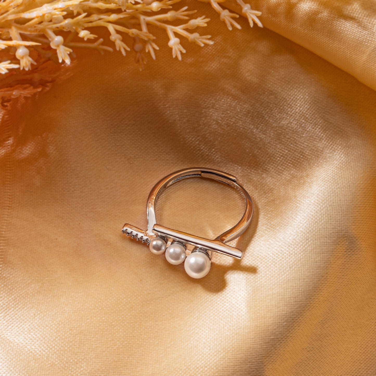 Designer Three Pearl Silver Adjustable Ring