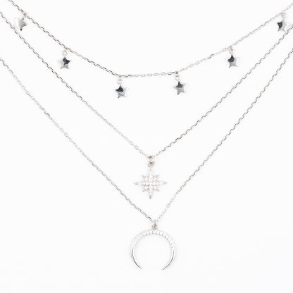 Silver Starry Moon Triple Layer Necklace