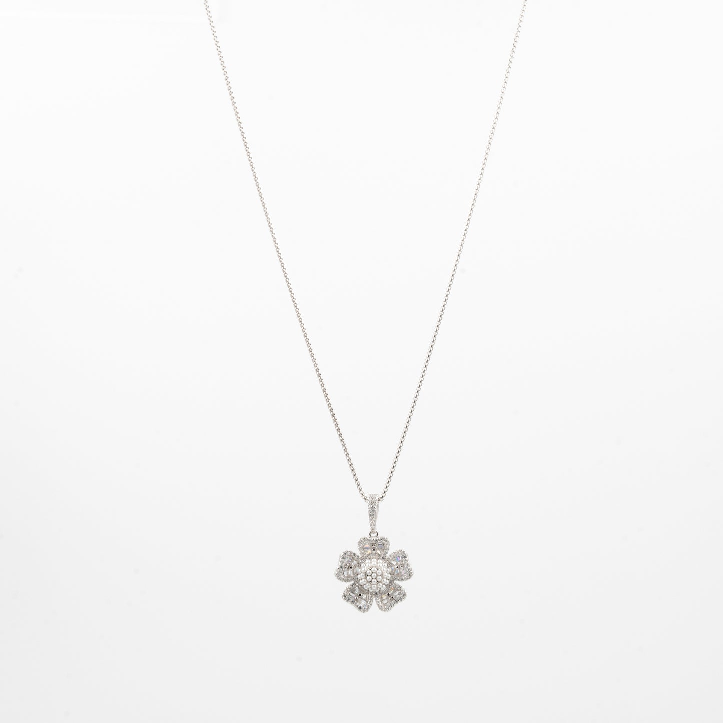Silver White Grand Floral Pearl Pendant Jewelry Set