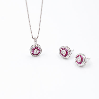 Silver Dark Pink Vibrant Oval Drops Dark Jewelry Set