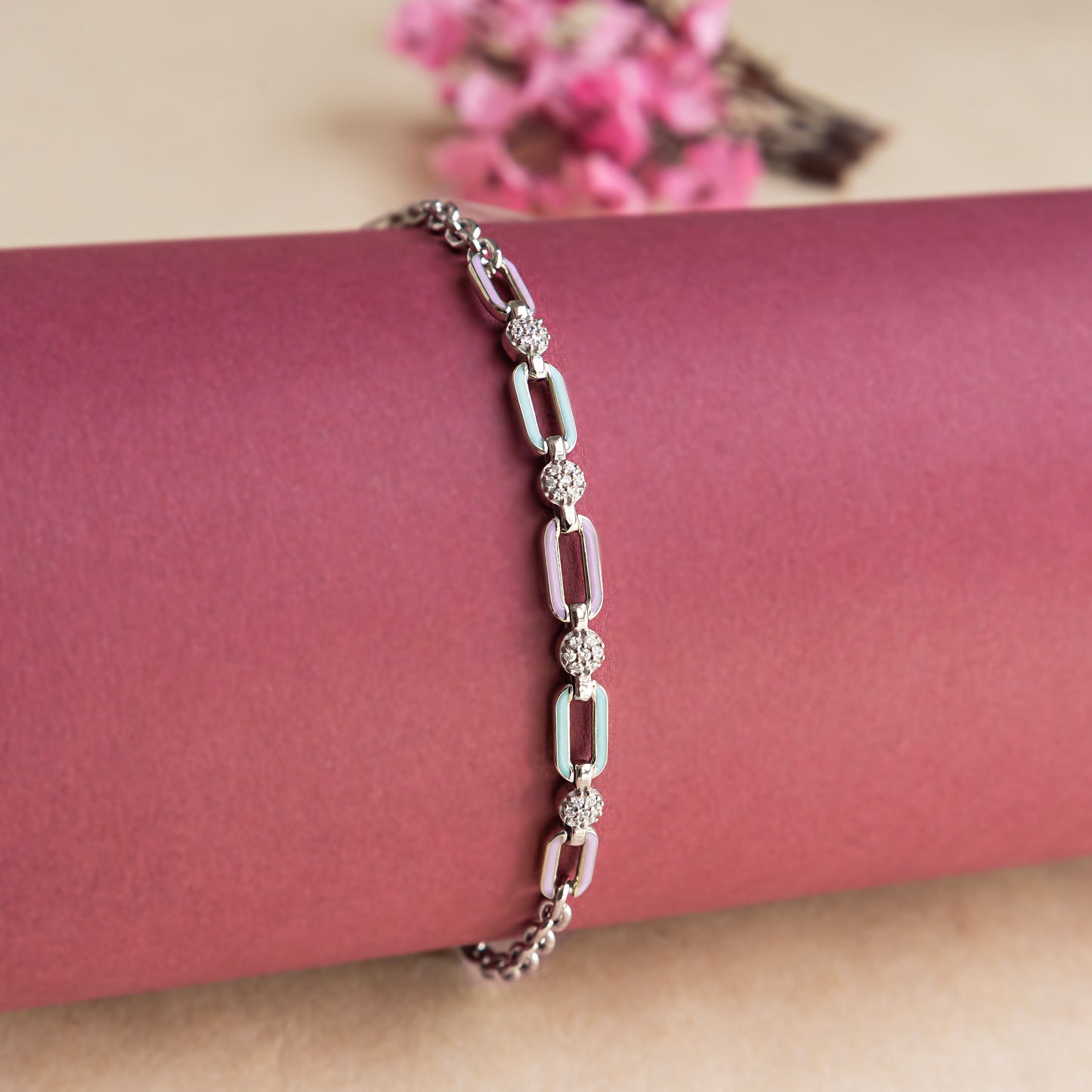 Turquoise Lavender Chained Enamel Silver Bracelet