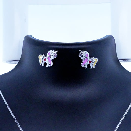 Silver Pink Yello Unicorn Kids Earrings