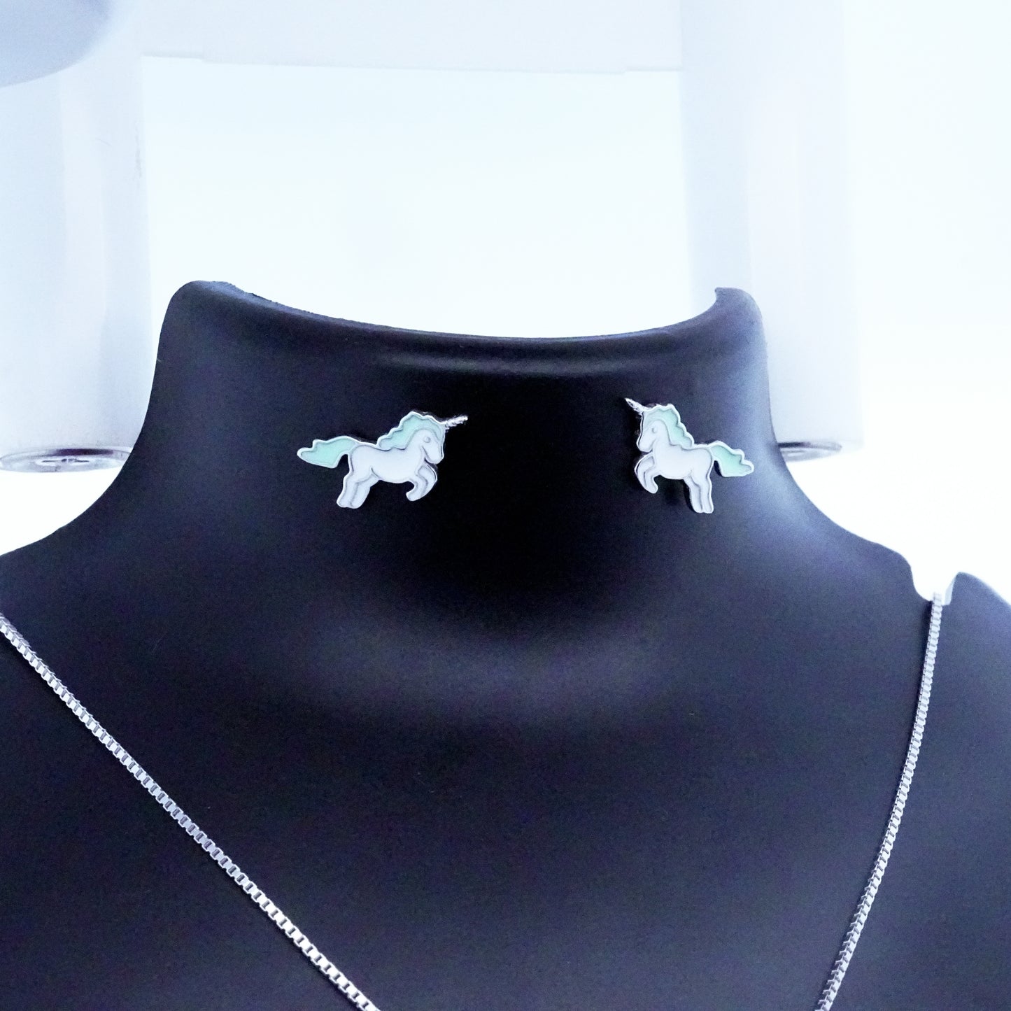 Silver Lightgreen Unicorn Kids Earrings
