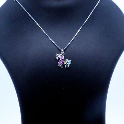 Silver Pink Blue Unicorn Kids Necklace
