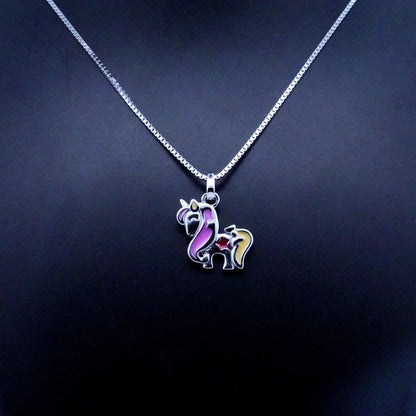 Silver Pink Yellow Unicorn Kids Necklace