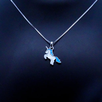 Silver Blue Unicorn Kids Necklace