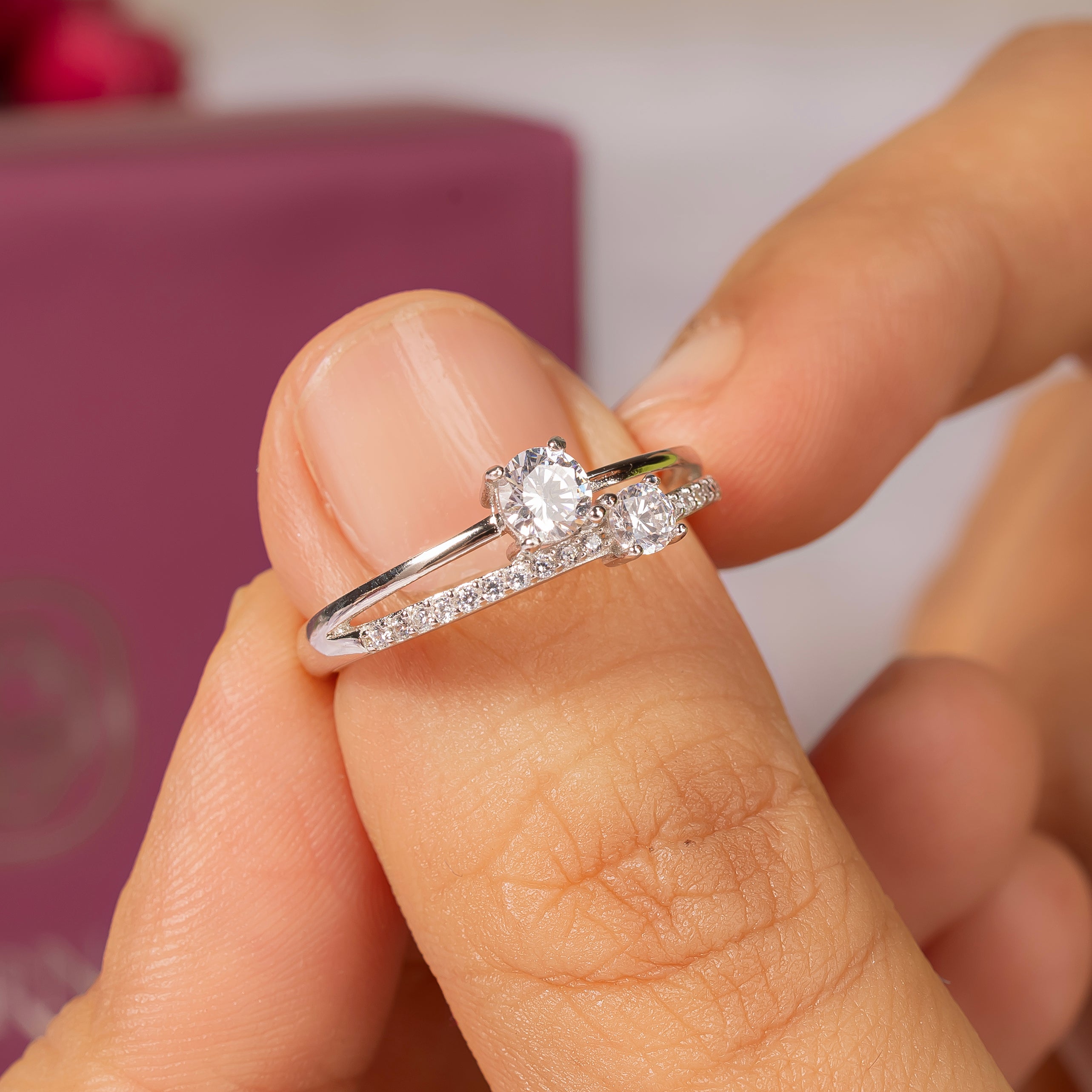 Double Layered Adjustable Silver Solitaire Ring