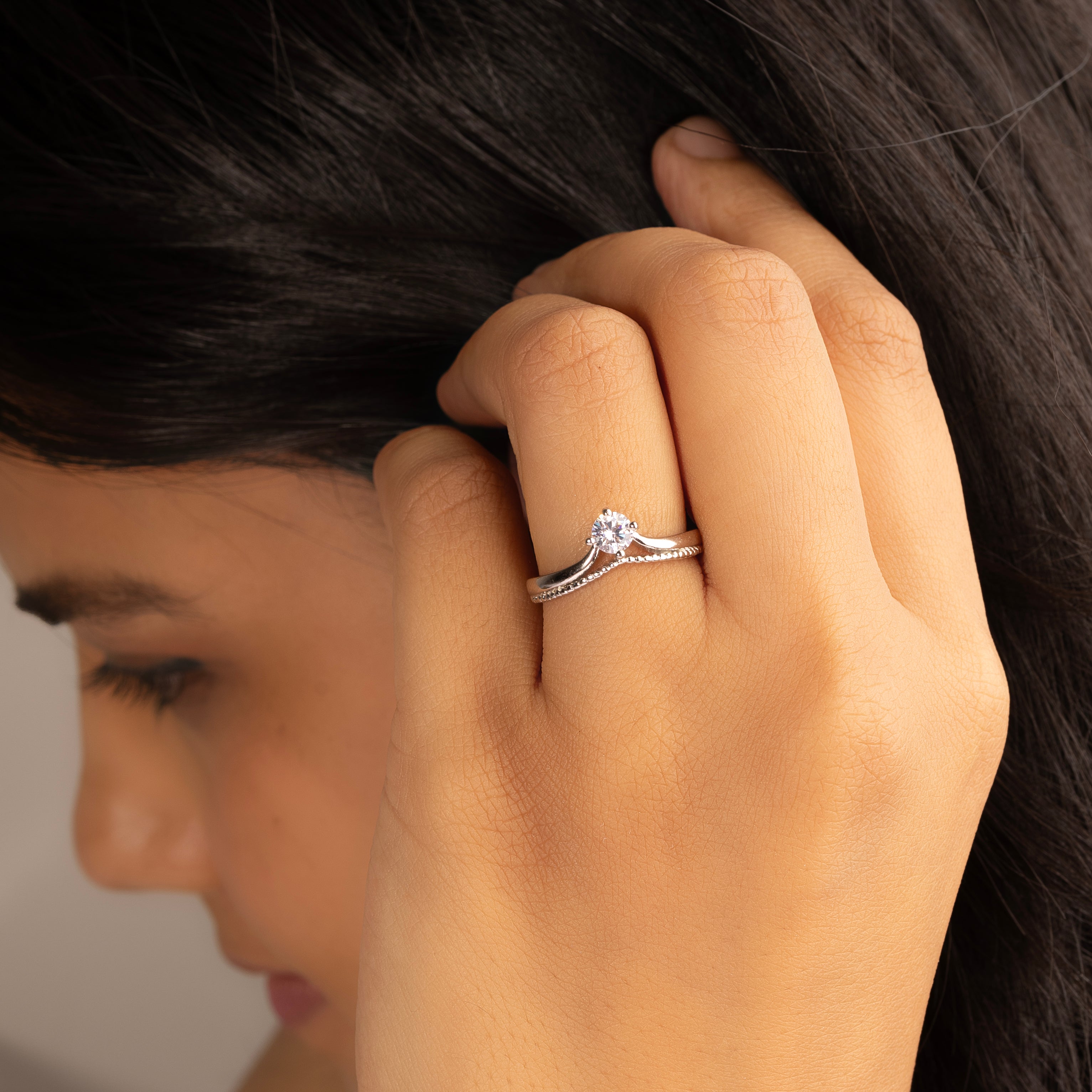 Double Layered Adjustable Silver Round Solitaire Ring