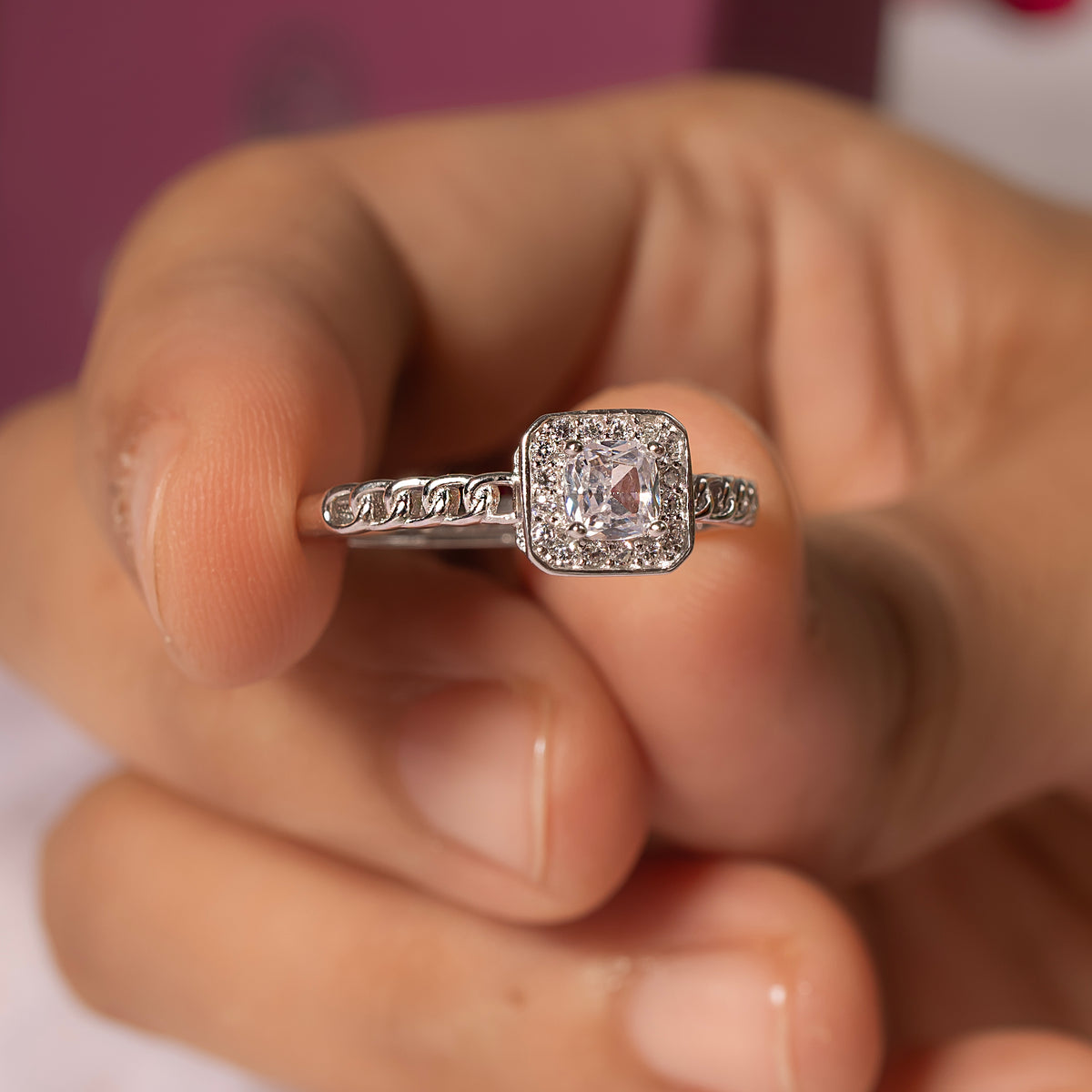 Adjustable Silver Square Solitaire Engagement Ring