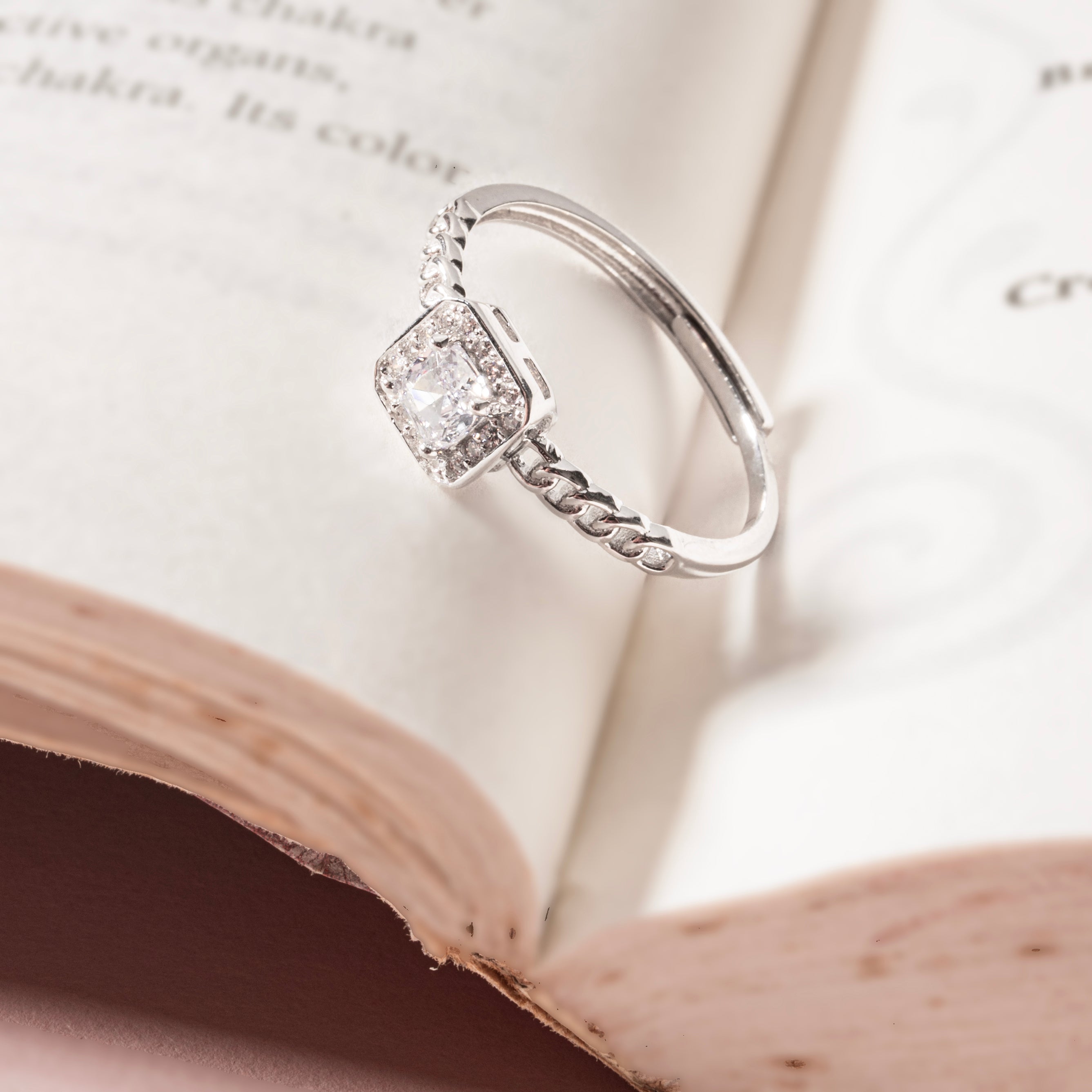 Adjustable Silver Square Solitaire Engagement Ring