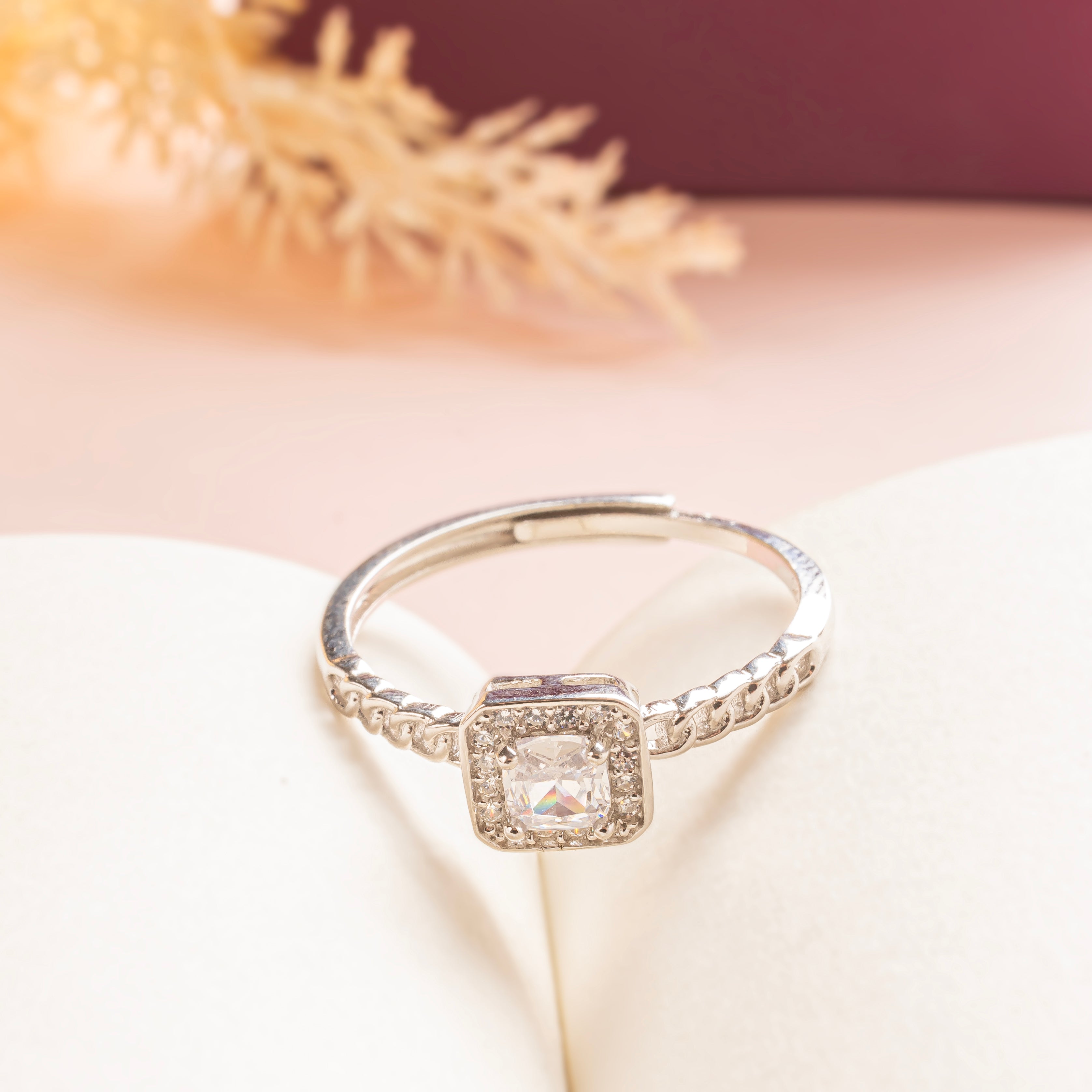 Adjustable Silver Square Solitaire Engagement Ring