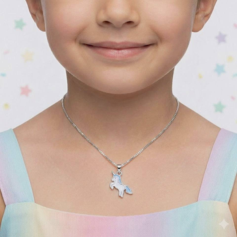 Silver Blue Unicorn Kids Necklace